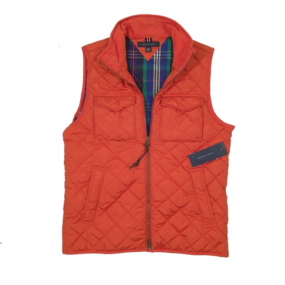 NEW $159 Tommy Hilfiger Quilted Equestrian Style Vest!  Orange  Striped Lining
